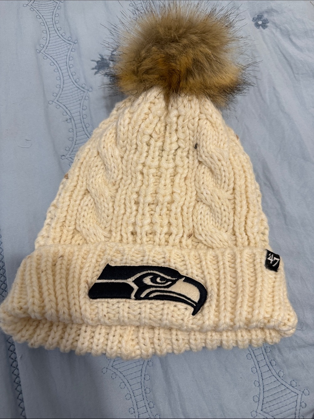 47 Seattle Seahawks Kids Cream Knit Pom Beanie with Faux Fur